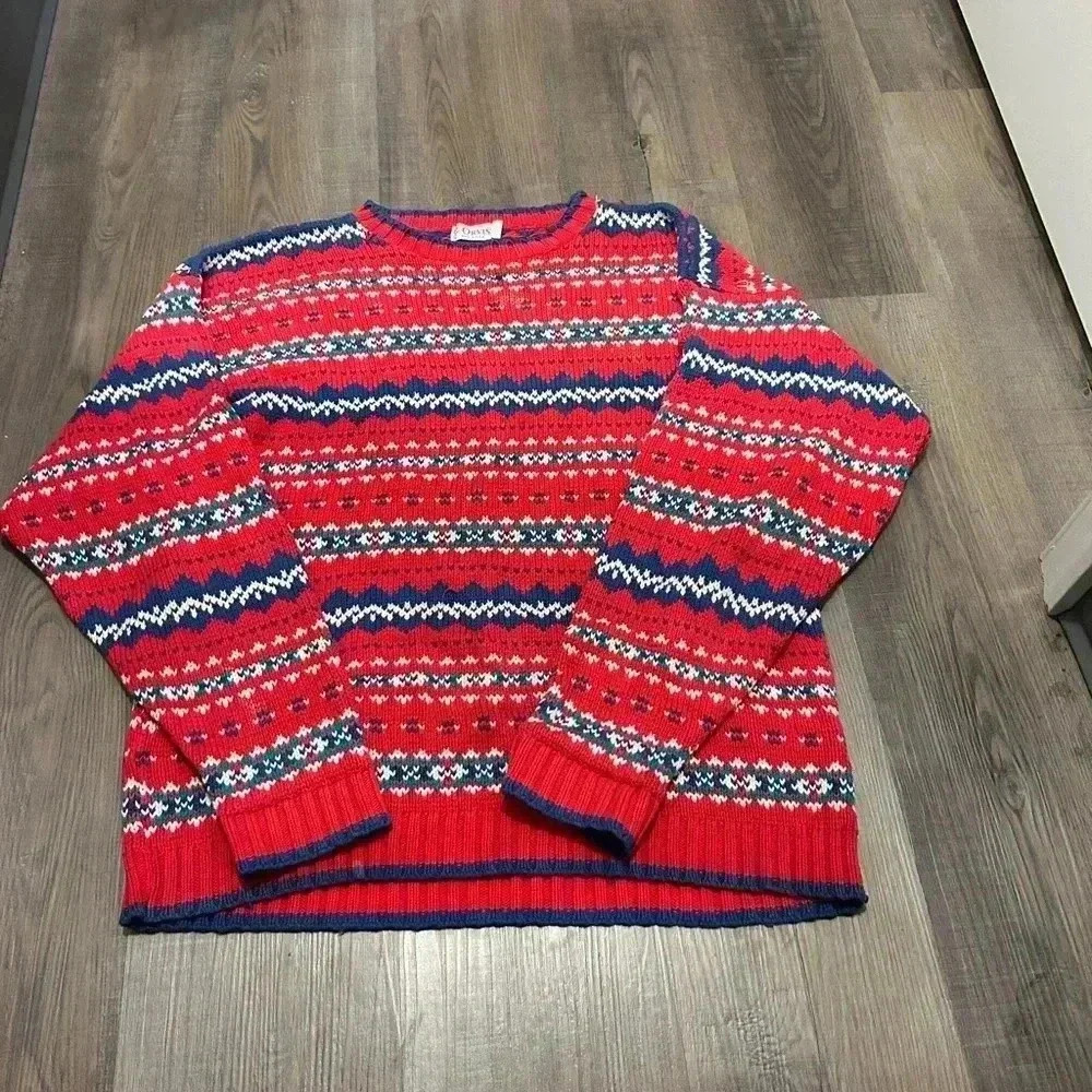 Vintage Orvis Fair isle men’s chunky knit Sweater Sz M Red Multi Color